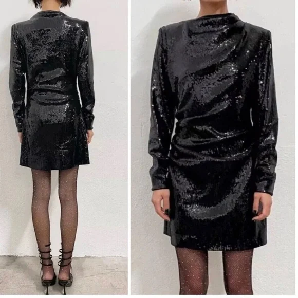 BLOGGER FAV ZARA SHOULDER PAD DRAPED Sequins DRESS mob wife - Picture 4 of 9